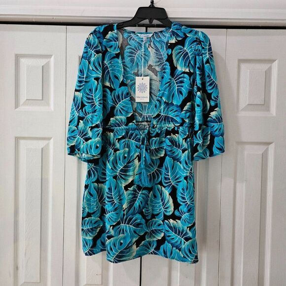 Blue Island Beach Women's Blue & Black Kimono 3/4 Sleeve Front Tie Coverups  S - Picture 2 of 11
